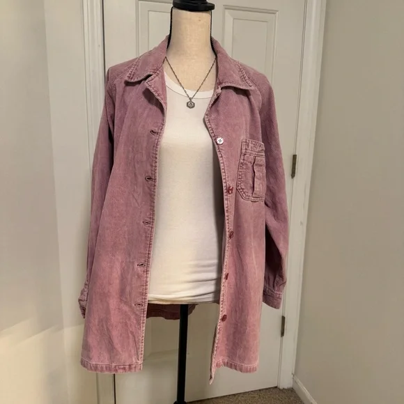 Vintage 90s Pink Corduroy Shacket Distressed Soft Grunge Oversized XL - Picture 1 of 16